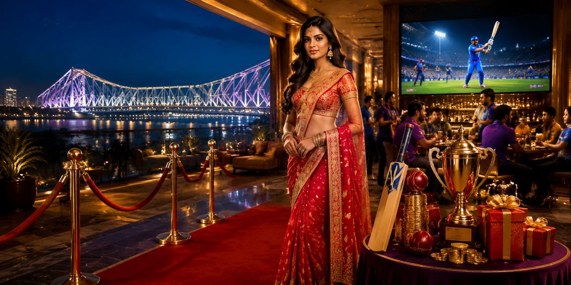 Kolkata woman playing online Rummy on mobile with IPL cricket in the background